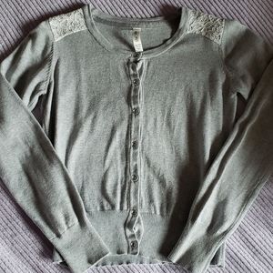 grey cardigan sweater with lace shoulders